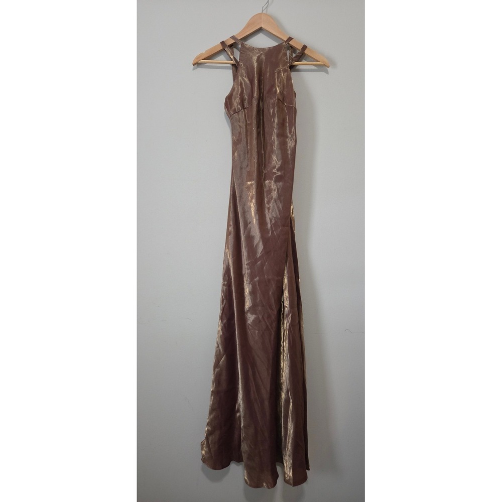 Vintage Y2K Faviana Bronze Metallic‎ Strappy Open Back Maxi Gown Dress Size 3/4